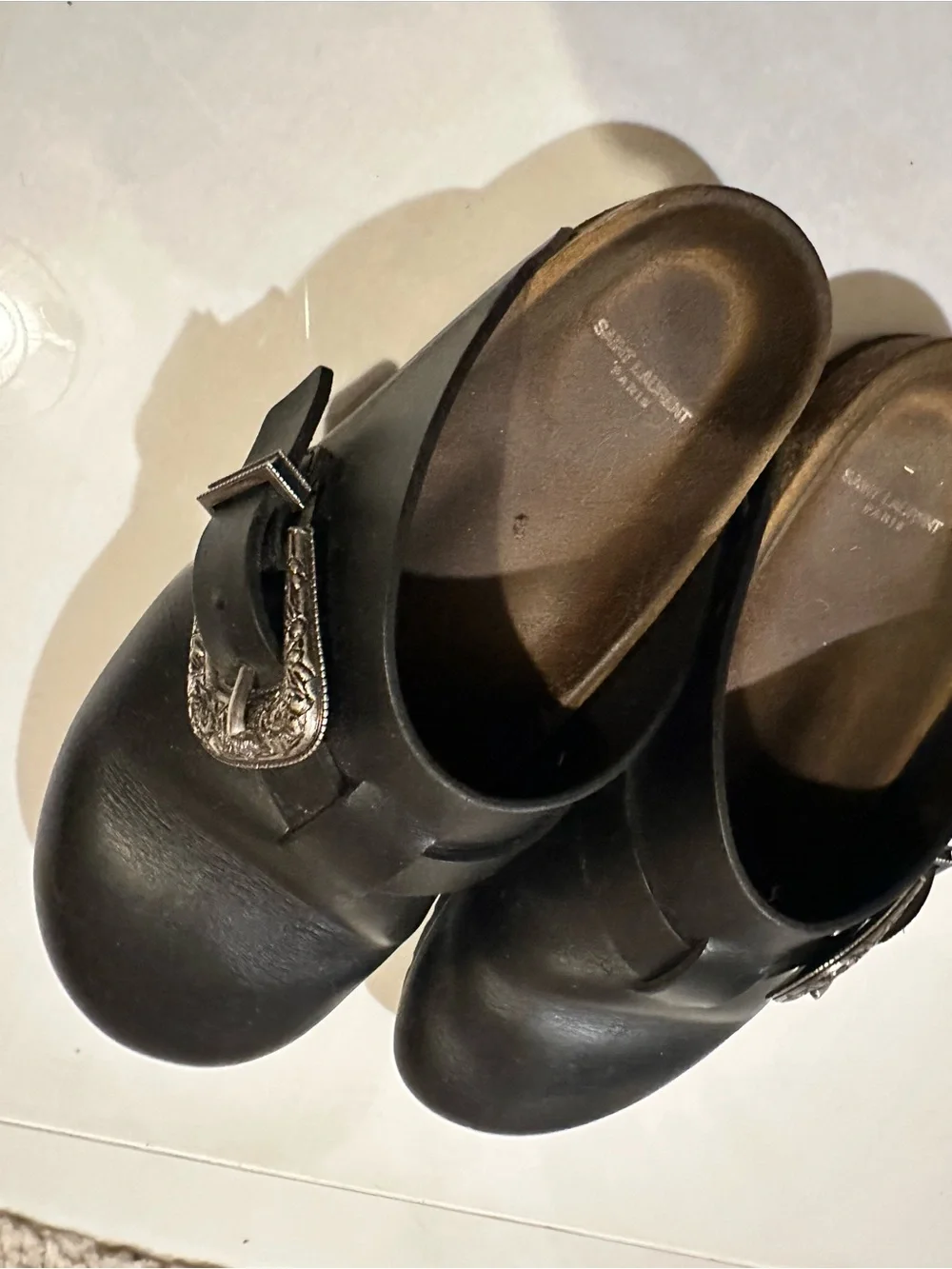 Saint Laurent Black Leather Slip-On Clog with Decorative Buckle